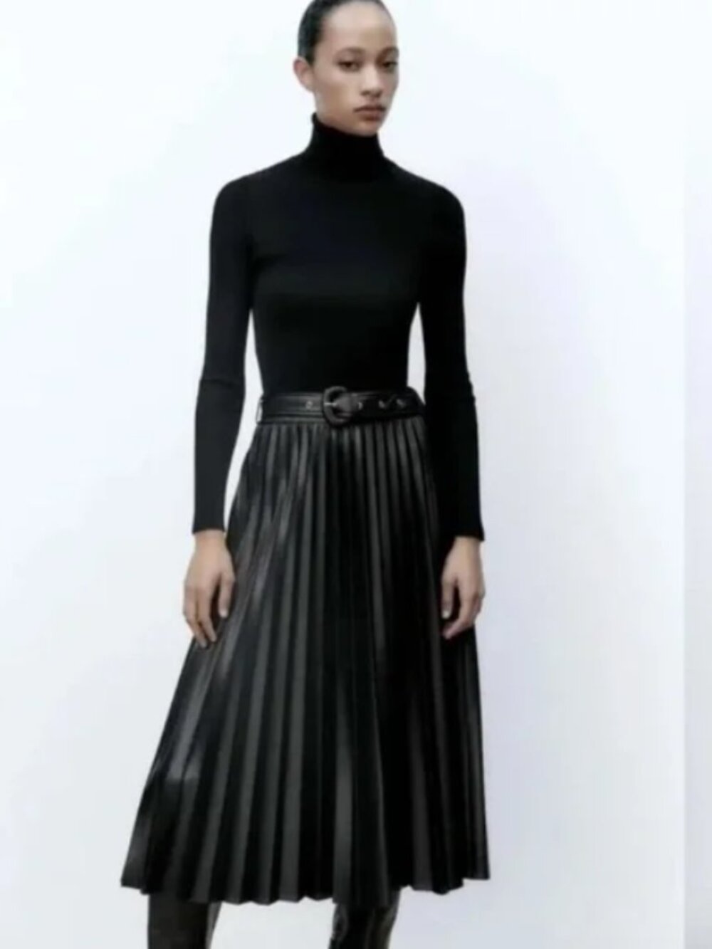 Zara Faux Leather Black Pleated Midi A-Line Skirt Size XL NO BELT - Picture 2 of 7